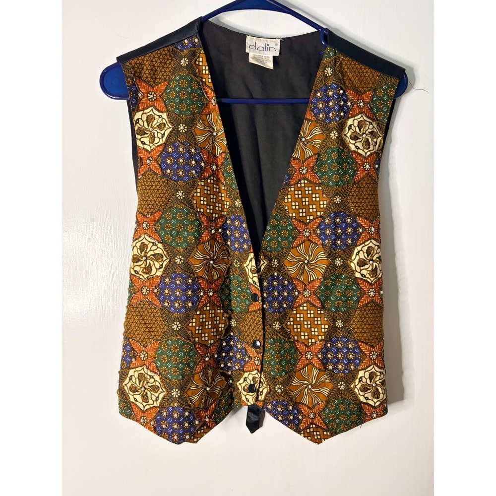Dalin Vintage Beaded Batik Vest Womens Brown Green Geometric Floral Waistcoat